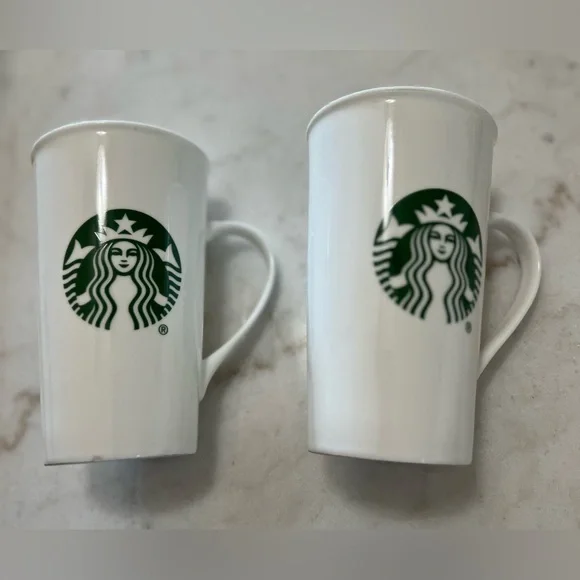 STARBUCKS 16 Oz Mermaid Siren Logo Tall  Coffee Mug White & Green 2015 Set Of 2 - Picture 2 of 5